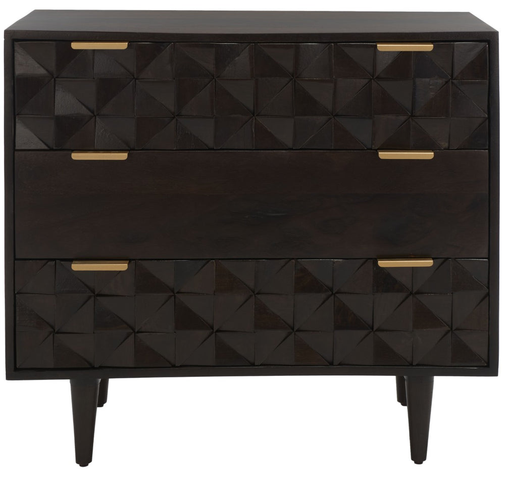 Safavieh Zinnia 3 Drawer Chest - Artisan Carved Storage Solution With Geometric Design For Modern Spaces Walnut CHS9000A