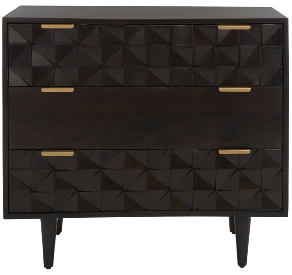 Safavieh Zinnia 3 Drawer Chest - Artisan Carved Storage Solution With Geometric Design For Modern Spaces Walnut CHS9000A