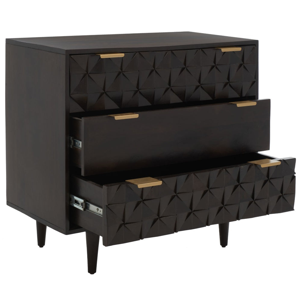 Safavieh Zinnia 3 Drawer Chest - Artisan Carved Storage Solution With Geometric Design For Modern Spaces Walnut CHS9000A