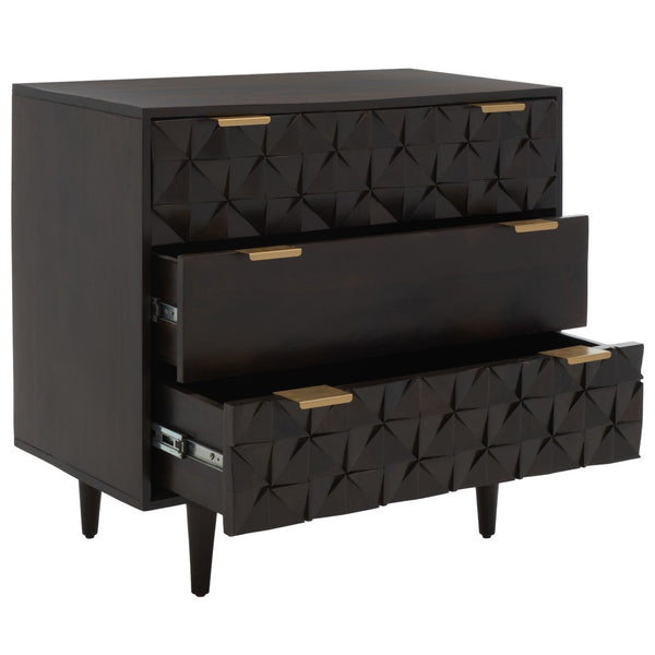 Safavieh Zinnia 3 Drawer Chest - Artisan Carved Storage Solution With Geometric Design For Modern Spaces Walnut CHS9000A