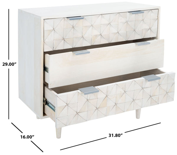Safavieh Zinnia 3 Drawer Chest - Artisan Carved Storage Solution With Geometric Design For Modern Spaces White Wash/Silver CHS9000B