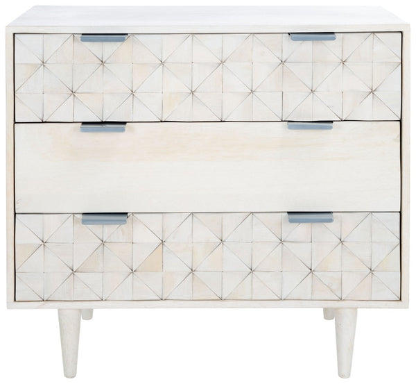 Safavieh Zinnia 3 Drawer Chest - Artisan Carved Storage Solution With Geometric Design For Modern Spaces White Wash/Silver CHS9000B