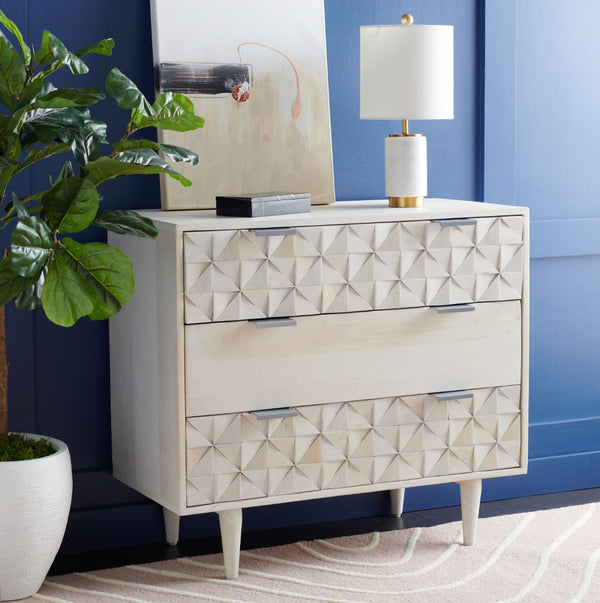 Safavieh Zinnia 3 Drawer Chest - Artisan Carved Storage Solution With Geometric Design For Modern Spaces White Wash/Silver CHS9000B