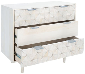 Safavieh Zinnia 3 Drawer Chest - Artisan Carved Storage Solution With Geometric Design For Modern Spaces White Wash/Silver CHS9000B