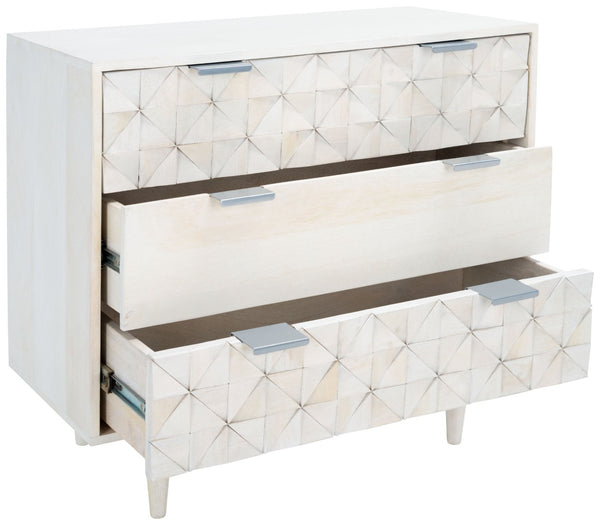 Safavieh Zinnia 3 Drawer Chest - Artisan Carved Storage Solution With Geometric Design For Modern Spaces White Wash/Silver CHS9000B