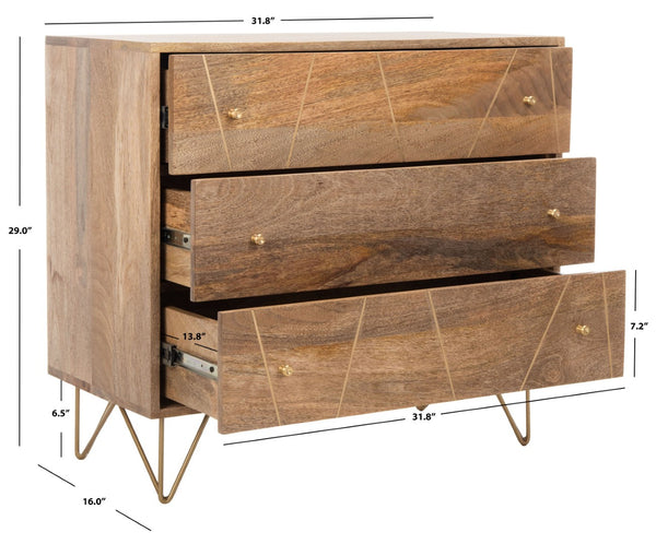 Safavieh Marigold 3 Drawer Chest – Solid Mango Wood Storage Solution With Chic Modern Design For Any Space Natural/Brass CHS9001A