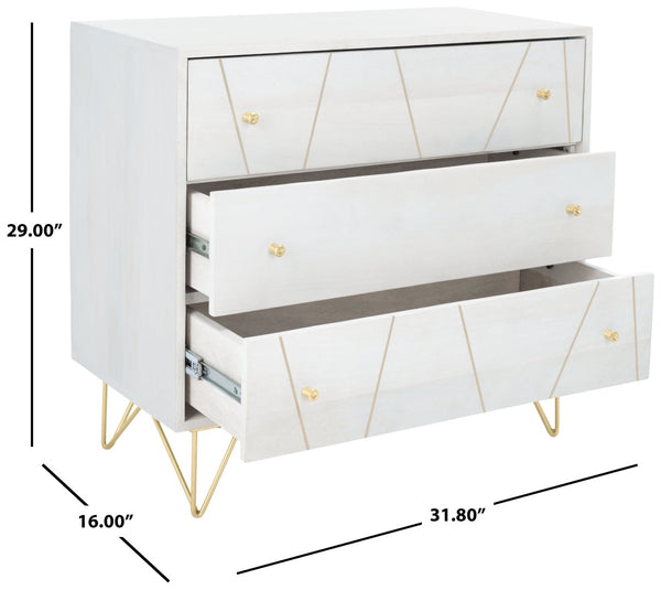 Safavieh Marigold 3 Drawer Chest – Solid Mango Wood Storage Solution With Chic Modern Design For Any Space White Wash/Brass CHS9001C