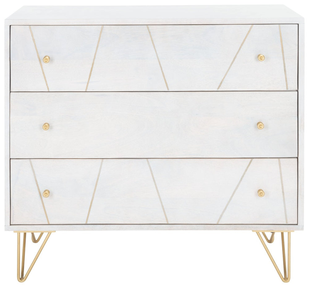 Safavieh Marigold 3 Drawer Chest – Solid Mango Wood Storage Solution With Chic Modern Design For Any Space White Wash/Brass CHS9001C