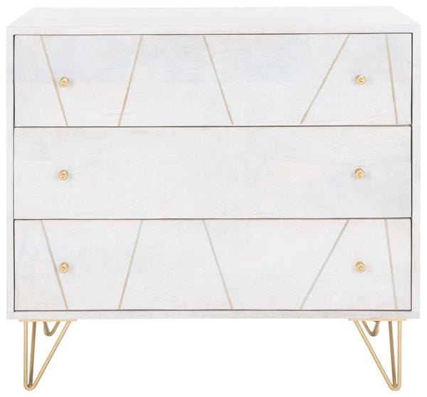 Safavieh Marigold 3 Drawer Chest – Solid Mango Wood Storage Solution With Chic Modern Design For Any Space White Wash/Brass CHS9001C