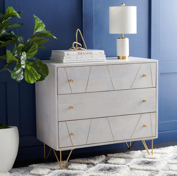 Safavieh Marigold 3 Drawer Chest – Solid Mango Wood Storage Solution With Chic Modern Design For Any Space White Wash/Brass CHS9001C