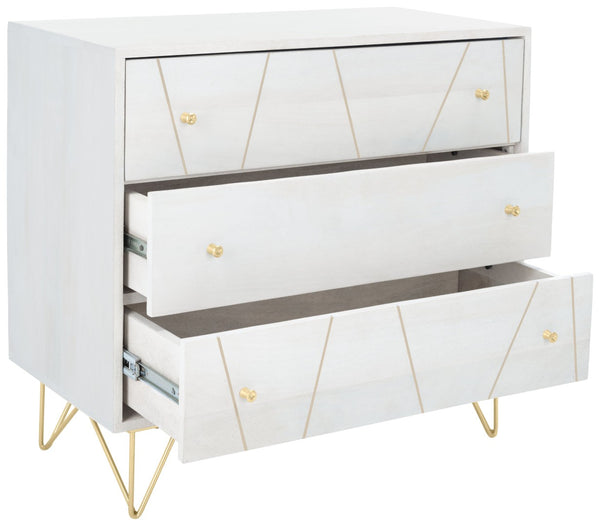 Safavieh Marigold 3 Drawer Chest – Solid Mango Wood Storage Solution With Chic Modern Design For Any Space White Wash/Brass CHS9001C