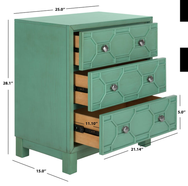 Safavieh Izumi Modern 3-Drawer Chest In Vibrant Turquoise With Geometric Design For Stylish Storage Solutions CHS9201A