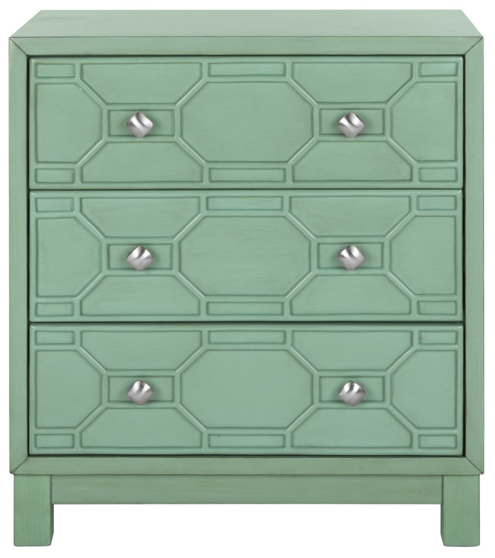 Safavieh Izumi Modern 3-Drawer Chest In Vibrant Turquoise With Geometric Design For Stylish Storage Solutions CHS9201A