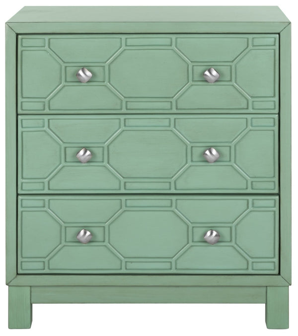 Safavieh Izumi Modern 3-Drawer Chest In Vibrant Turquoise With Geometric Design For Stylish Storage Solutions CHS9201A