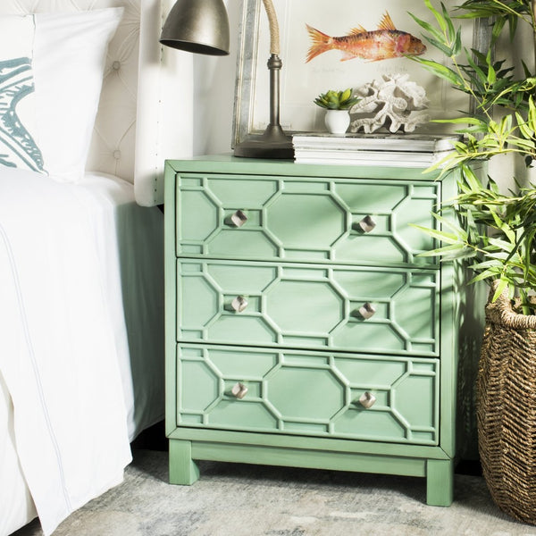 Safavieh Izumi Modern 3-Drawer Chest In Vibrant Turquoise With Geometric Design For Stylish Storage Solutions CHS9201A