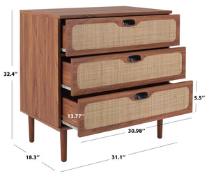 Safavieh Irelia Elegant Three-Drawer Chest With Rattan Mesh And Metal Pulls For Stylish Storage Solutions Walnut CHS9602A