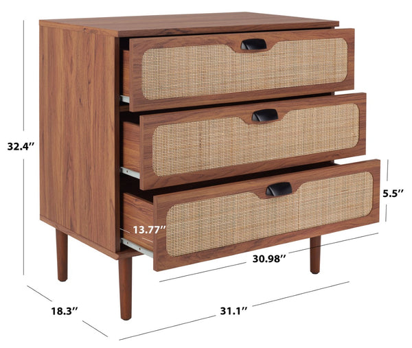 Safavieh Irelia Elegant Three-Drawer Chest With Rattan Mesh And Metal Pulls For Stylish Storage Solutions Walnut CHS9602A