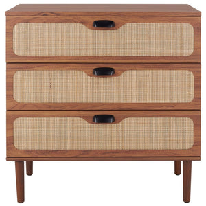 Safavieh Irelia Elegant Three-Drawer Chest With Rattan Mesh And Metal Pulls For Stylish Storage Solutions Walnut CHS9602A