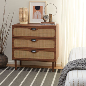 Safavieh Irelia Elegant Three-Drawer Chest With Rattan Mesh And Metal Pulls For Stylish Storage Solutions Walnut CHS9602A