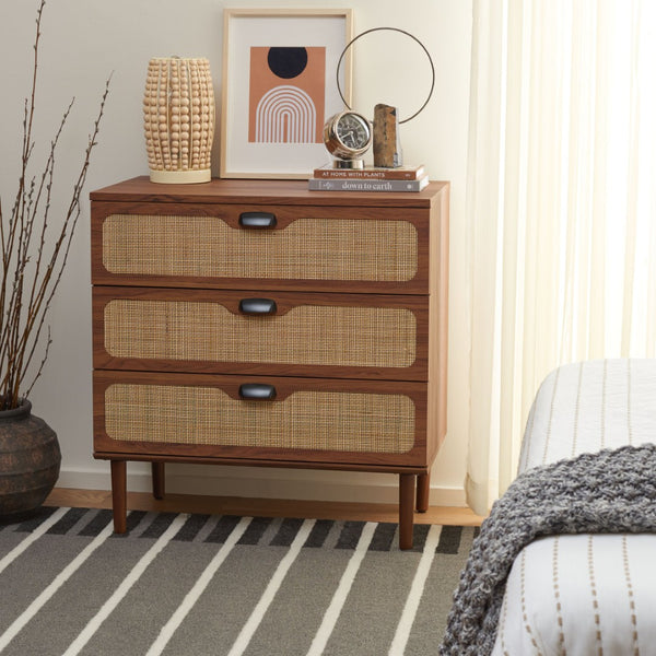 Safavieh Irelia Elegant Three-Drawer Chest With Rattan Mesh And Metal Pulls For Stylish Storage Solutions Walnut CHS9602A