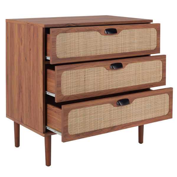 Safavieh Irelia Elegant Three-Drawer Chest With Rattan Mesh And Metal Pulls For Stylish Storage Solutions Walnut CHS9602A