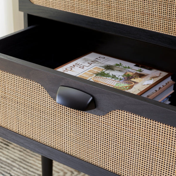 Safavieh Irelia Elegant Three-Drawer Chest With Rattan Mesh And Metal Pulls For Stylish Storage Solutions Black CHS9602B