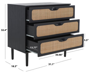 Safavieh Irelia Elegant Three-Drawer Chest With Rattan Mesh And Metal Pulls For Stylish Storage Solutions Black CHS9602B