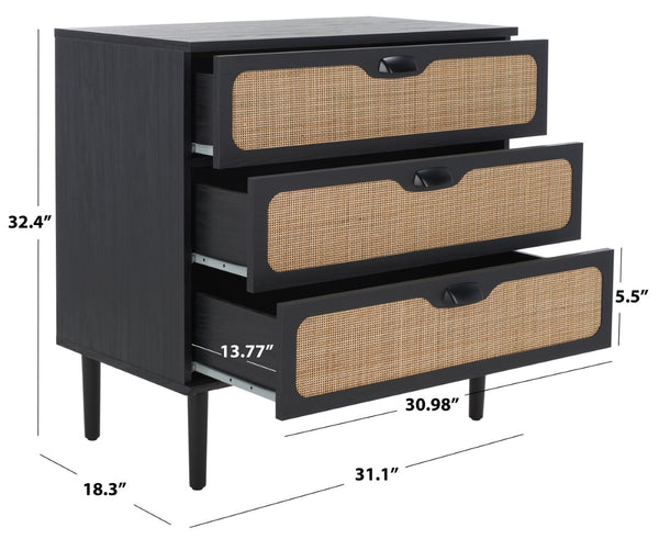 Safavieh Irelia Elegant Three-Drawer Chest With Rattan Mesh And Metal Pulls For Stylish Storage Solutions Black CHS9602B