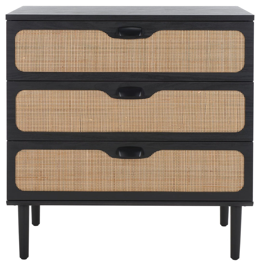 Safavieh Irelia Elegant Three-Drawer Chest With Rattan Mesh And Metal Pulls For Stylish Storage Solutions Black CHS9602B