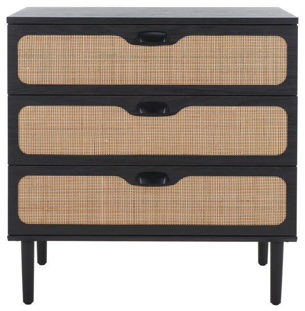 Safavieh Irelia Elegant Three-Drawer Chest With Rattan Mesh And Metal Pulls For Stylish Storage Solutions Black CHS9602B