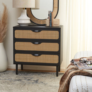 Safavieh Irelia Elegant Three-Drawer Chest With Rattan Mesh And Metal Pulls For Stylish Storage Solutions Black CHS9602B