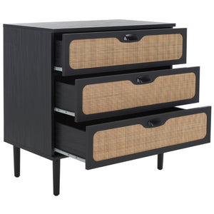 Safavieh Irelia Elegant Three-Drawer Chest With Rattan Mesh And Metal Pulls For Stylish Storage Solutions Black CHS9602B
