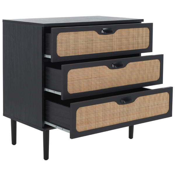 Safavieh Irelia Elegant Three-Drawer Chest With Rattan Mesh And Metal Pulls For Stylish Storage Solutions Black CHS9602B