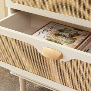 Safavieh Irelia Elegant Three-Drawer Chest With Rattan Mesh And Metal Pulls For Stylish Storage Solutions Bleached White / Natural Rattan / Gold Handle CHS9602C