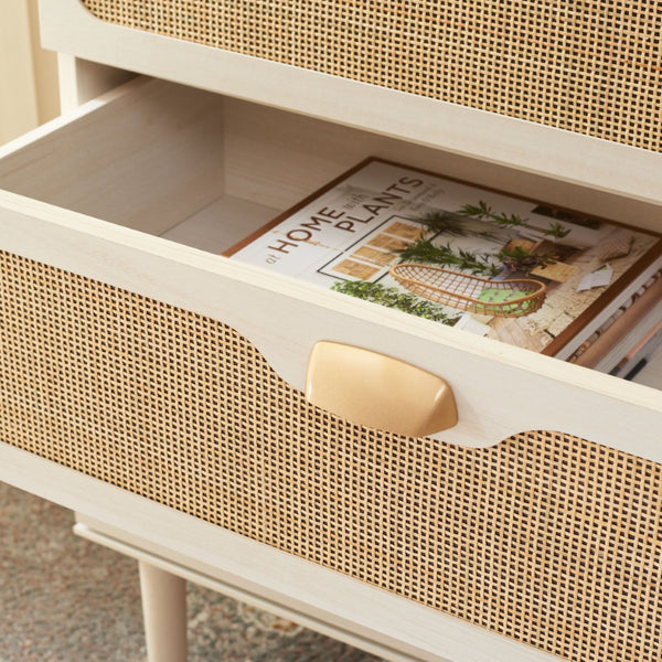 Safavieh Irelia Elegant Three-Drawer Chest With Rattan Mesh And Metal Pulls For Stylish Storage Solutions Bleached White / Natural Rattan / Gold Handle CHS9602C