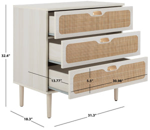 Safavieh Irelia Elegant Three-Drawer Chest With Rattan Mesh And Metal Pulls For Stylish Storage Solutions Bleached White / Natural Rattan / Gold Handle CHS9602C