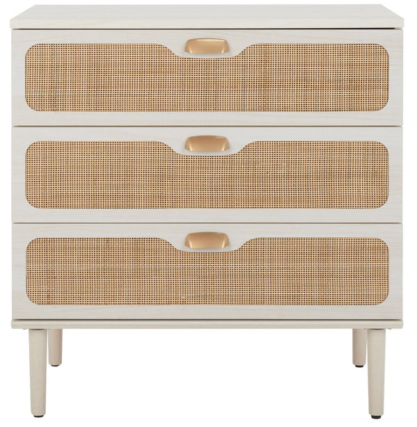 Safavieh Irelia Elegant Three-Drawer Chest With Rattan Mesh And Metal Pulls For Stylish Storage Solutions Bleached White / Natural Rattan / Gold Handle CHS9602C