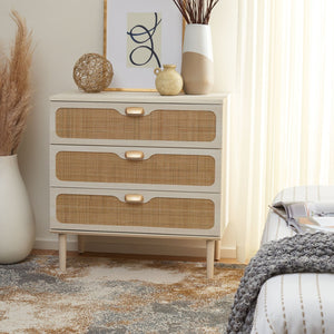Safavieh Irelia Elegant Three-Drawer Chest With Rattan Mesh And Metal Pulls For Stylish Storage Solutions Bleached White / Natural Rattan / Gold Handle CHS9602C