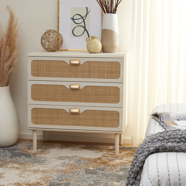 Safavieh Irelia Elegant Three-Drawer Chest With Rattan Mesh And Metal Pulls For Stylish Storage Solutions Bleached White / Natural Rattan / Gold Handle CHS9602C