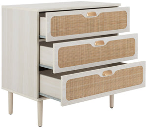 Safavieh Irelia Elegant Three-Drawer Chest With Rattan Mesh And Metal Pulls For Stylish Storage Solutions Bleached White / Natural Rattan / Gold Handle CHS9602C