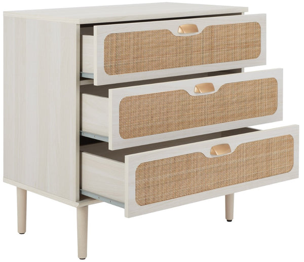 Safavieh Irelia Elegant Three-Drawer Chest With Rattan Mesh And Metal Pulls For Stylish Storage Solutions Bleached White / Natural Rattan / Gold Handle CHS9602C