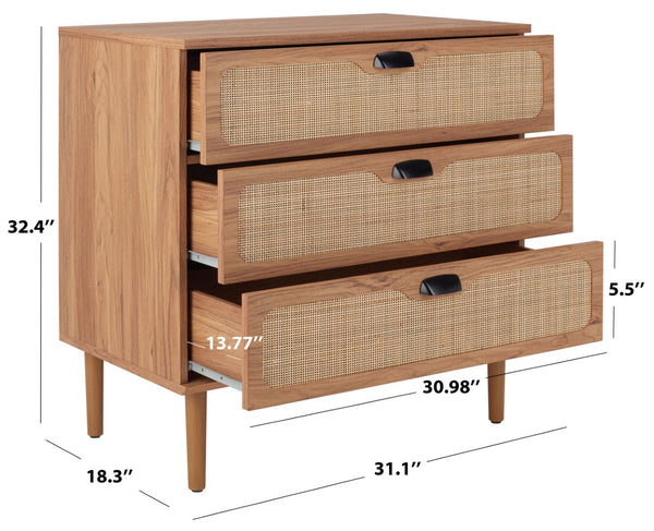 Safavieh Irelia Elegant Three-Drawer Chest With Rattan Mesh And Metal Pulls For Stylish Storage Solutions Oak CHS9602D