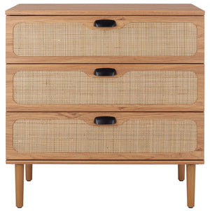Safavieh Irelia Elegant Three-Drawer Chest With Rattan Mesh And Metal Pulls For Stylish Storage Solutions Oak CHS9602D