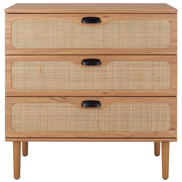 Safavieh Irelia Elegant Three-Drawer Chest With Rattan Mesh And Metal Pulls For Stylish Storage Solutions Oak CHS9602D