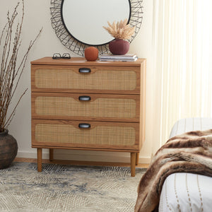 Safavieh Irelia Elegant Three-Drawer Chest With Rattan Mesh And Metal Pulls For Stylish Storage Solutions Oak CHS9602D