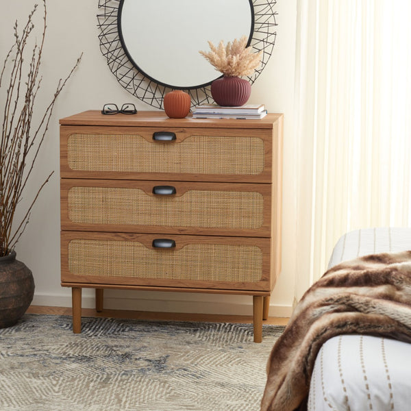 Safavieh Irelia Elegant Three-Drawer Chest With Rattan Mesh And Metal Pulls For Stylish Storage Solutions Oak CHS9602D