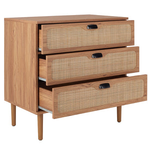Safavieh Irelia Elegant Three-Drawer Chest With Rattan Mesh And Metal Pulls For Stylish Storage Solutions Oak CHS9602D