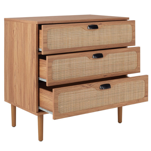 Safavieh Irelia Elegant Three-Drawer Chest With Rattan Mesh And Metal Pulls For Stylish Storage Solutions Oak CHS9602D