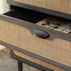 Safavieh Irelia Elegant Three-Drawer Chest With Rattan Mesh And Metal Pulls For Stylish Storage Solutions Distressed Black CHS9602E