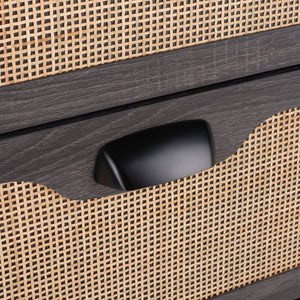 Safavieh Irelia Elegant Three-Drawer Chest With Rattan Mesh And Metal Pulls For Stylish Storage Solutions Distressed Black CHS9602E